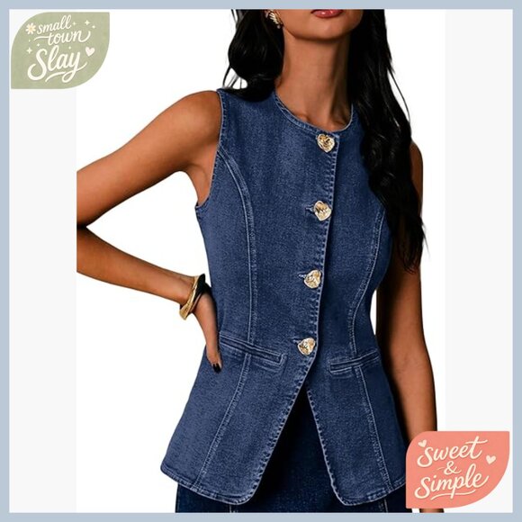 Denim Vest Sleeveless Crew Neck Button Down Western Waistcoat Size Large